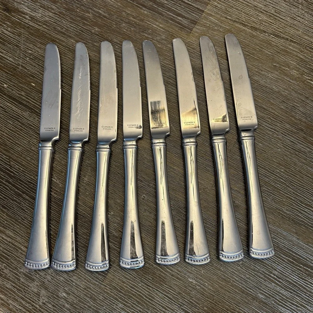 Lenox Portola 18/10 Stainless Steel Dinner Knives Beaded Flatware Lot of 8